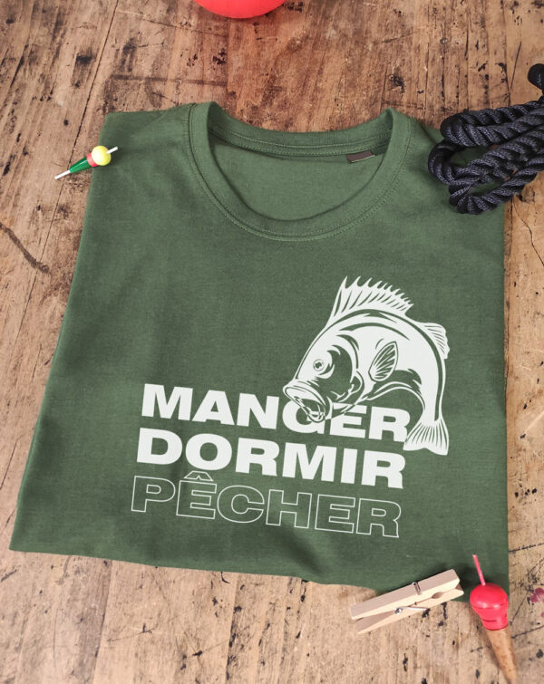 T-shirt kaki de pêche : Manger, Dormir et Pêcher avec un poisson illustré